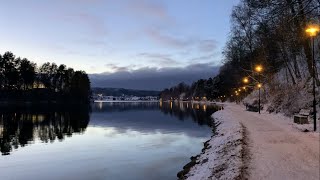 Snowy walk along Lake Siljan to charming village Leksand in Dalarna Sweden 4K natural sound [upl. by Sukramal]