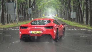 Ferrari 488 GTB Akrapovic  Start Up Accelerations Revs and Powerslides in the rain [upl. by Hooker]