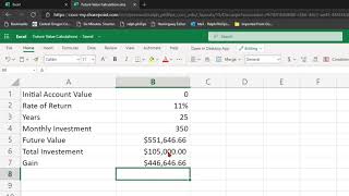 FV Future Value Function in Excel to Estimate Future Account Value with Initial Investment [upl. by Ahsiloc]