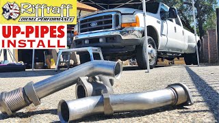 2001 F350 73  RiffRaff UpPipes Install  Stock up pipes leaking and falling apart JUNK SP [upl. by Naginarb495]