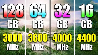 128GB 3000MHz vs 64GB 3600MHz vs 32GB 4000MHz vs 16GB 4400MHz  RAM Test in PC Gaming [upl. by Eillim91]