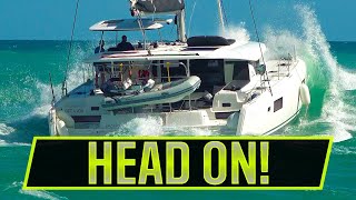 LARGE CAT SMASHES ROUGH SEAS HEAD ON  ROUGH INLETS  Boats at Jupiter Inlet [upl. by Kralc230]